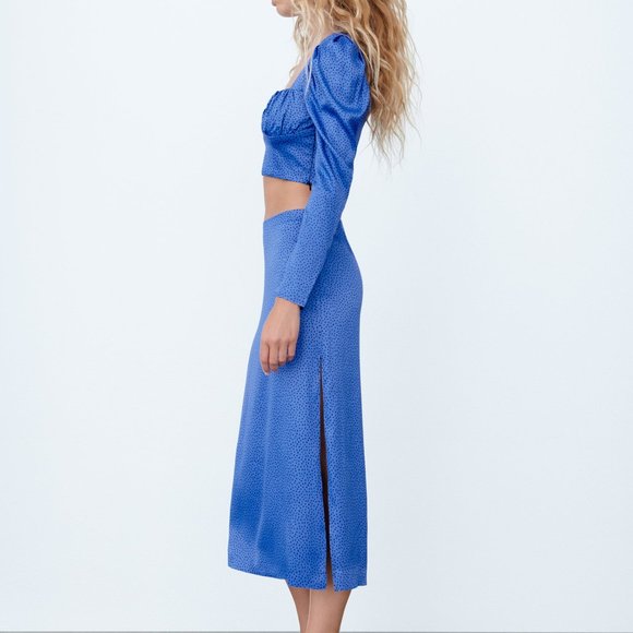 ZARA NWT Dotted Long Sleeve Crop Top Blue XS - Picture 3 of 7